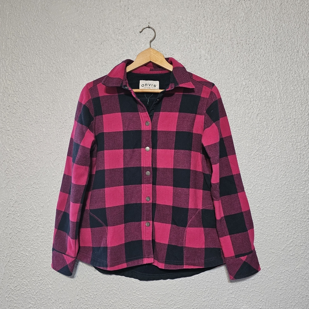 Orvis Button Down Sweater Womens Size Medium Pink Black Plaid Casual Top
